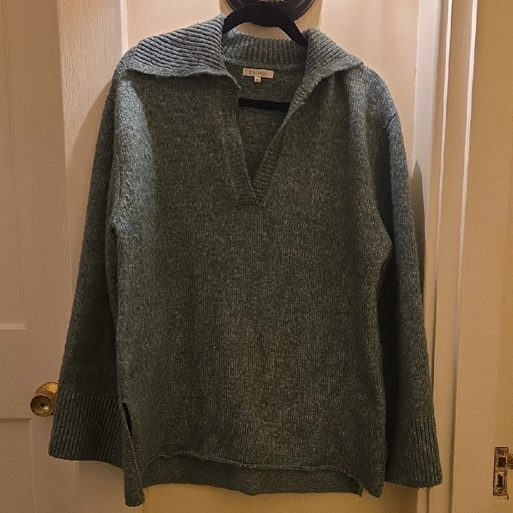 Z Supply Women's V-Neck Collared Sweater - Sage Green - Picture 1 of 3